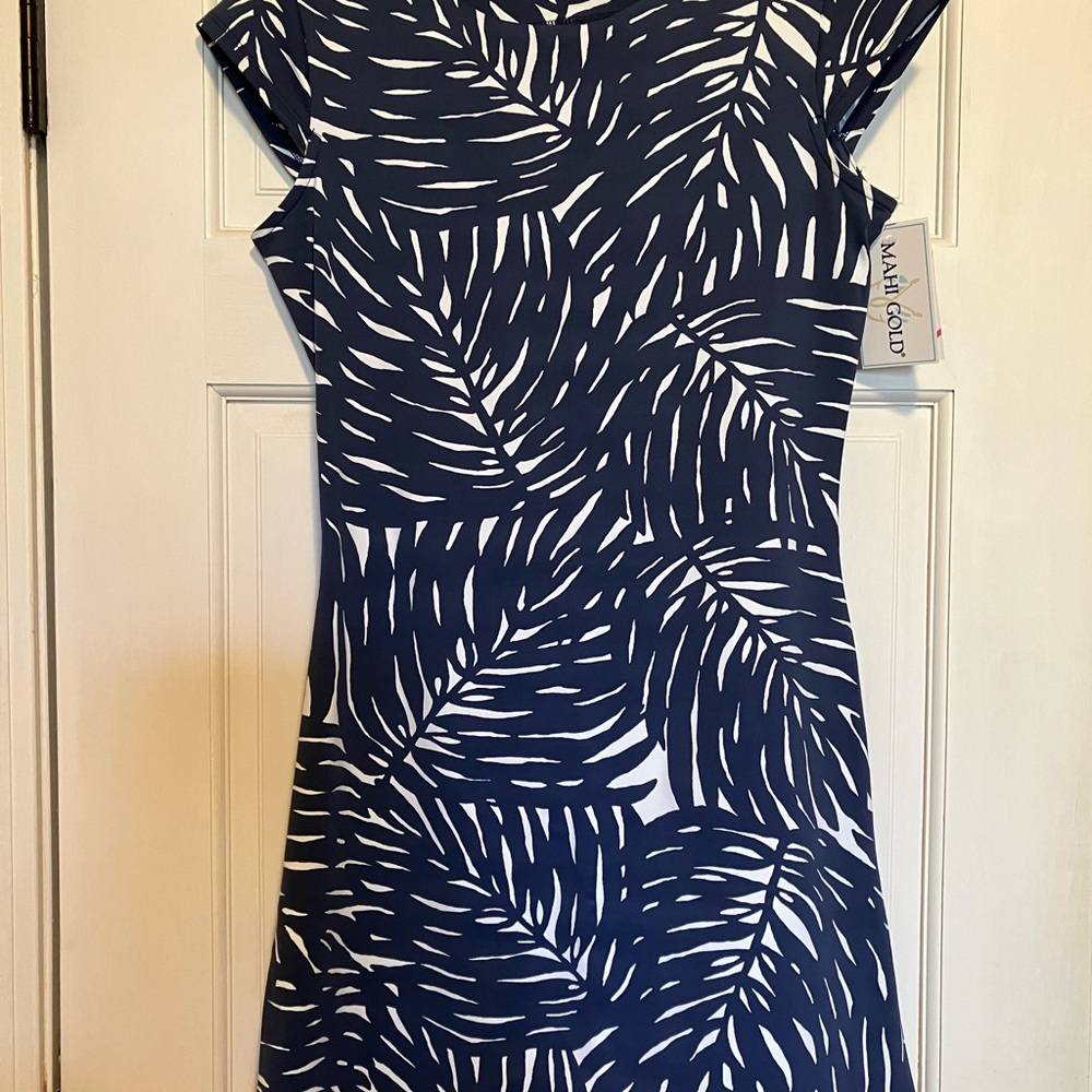 Mahi Gold brand Bluish Gray & White Leaf Print Dress (NWT)